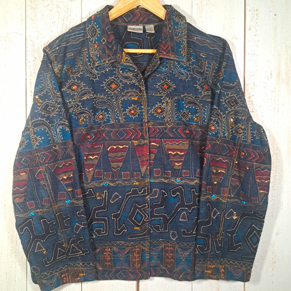 Chico's Art-To-Wear Southwestern 90s Embroidered Beaded Sequin Denim Jacket XL16